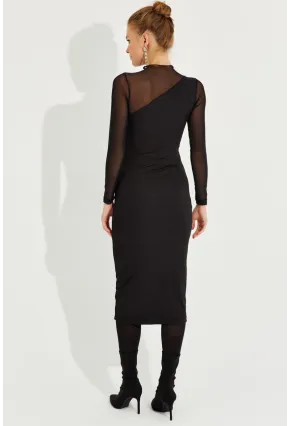 Kadın Siyah Tül Detaylı Asimetrik Midi Elbise EY2601