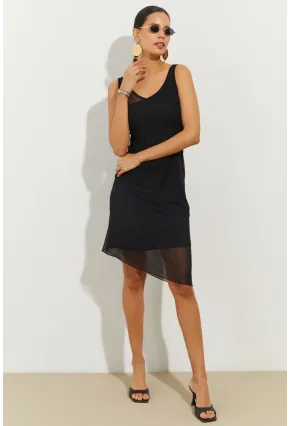 Kadın Siyah Tül Detaylı Asimetrik Mini Elbise B2475