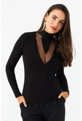 Kadın Siyah Tül Detaylı Bluz EY2977