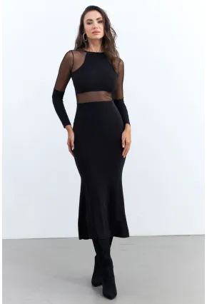 Kadın Siyah Tül Detaylı Midi Elbise ELT3834