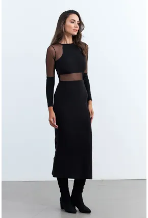 Kadın Siyah Tül Detaylı Midi Elbise ELT3834