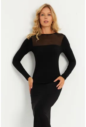 Kadın Siyah Tül Detaylı Midi Elbise LİK06