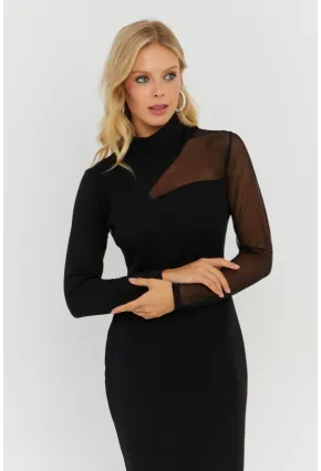 Kadın Siyah Tül Detaylı Midi Elbise ST5022