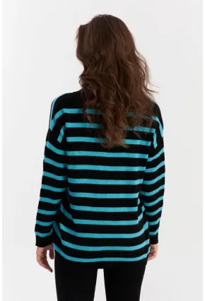 Kadın Siyah-Turkuaz Polo Yaka Çizgili Triko Kazak SE01