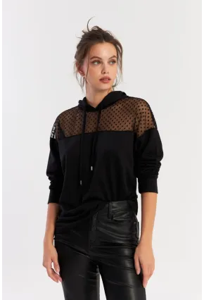 Kadın Siyah Üstü Tül Kapüşonlu Sweatshirt EY2934