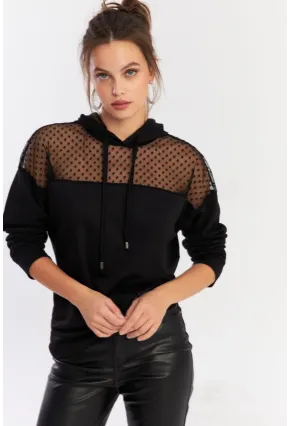 Kadın Siyah Üstü Tül Kapüşonlu Sweatshirt EY2934
