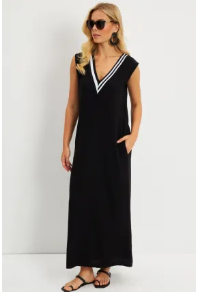 Kadın Siyah V Yaka Bloklu Maxi Elbise EY2779