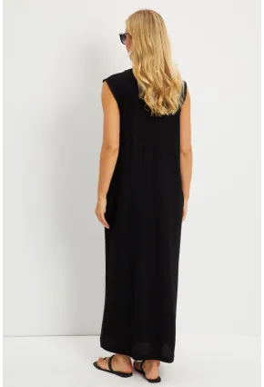 Kadın Siyah V Yaka Bloklu Maxi Elbise EY2779