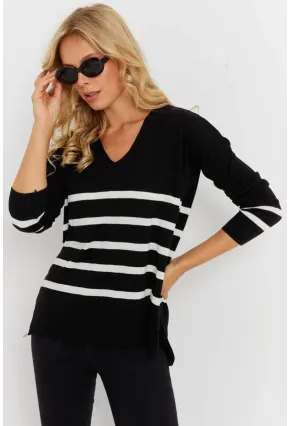 Kadın Siyah V Yaka Çizgili Triko Kazak YİL550