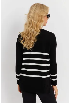 Kadın Siyah V Yaka Çizgili Triko Kazak YİL550