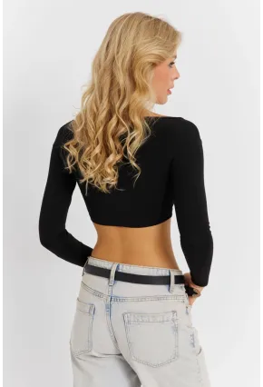 Kadın Siyah V Yaka Crop Bluz CG368