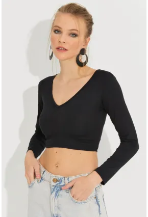 Kadın Siyah V Yaka Crop Bluz LPP1241