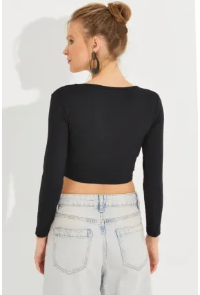 Kadın Siyah V Yaka Crop Bluz LPP1241