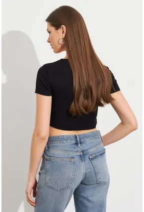 Kadın Siyah V Yaka Crop Bluz TOP101