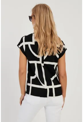 Kadın Siyah V Yaka Desenli Bluz AYD293