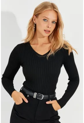 Kadın Siyah V Yaka Fitilli Triko Bluz SMT216