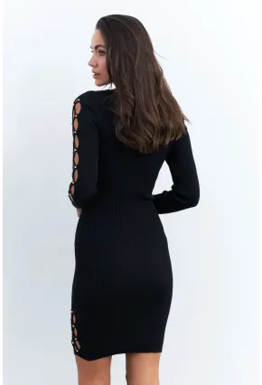 Kadın Siyah V Yaka İncili Triko Midi Elbise RM08
