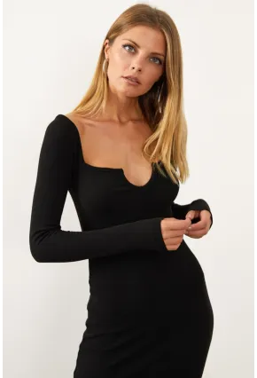 Kadın Siyah V Yaka Maxi Kaşkorse Elbise EY1086