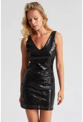 Kadın Siyah V Yaka Payetli Mini Elbise EY2666