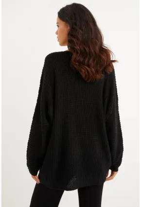 Kadın Siyah V Yaka Salaş Oversize Triko Tunik SMT158