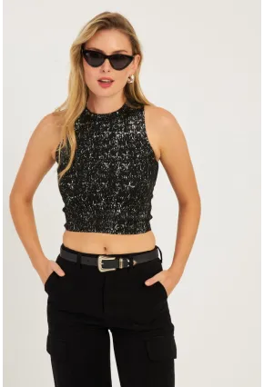 Kadın Siyah Varaklı Bluz KZ2509