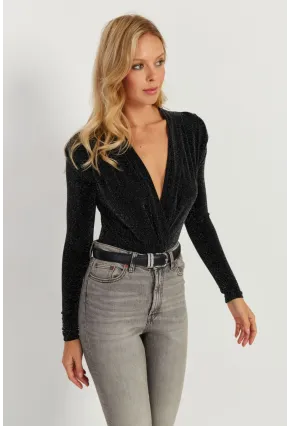 Kadın Siyah Vatkalı Kruvaze Çıtçıtlı Bodysuit GÇ151