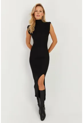 Kadın Siyah Vatkalı Yırtmaçlı Midi Elbise MON120