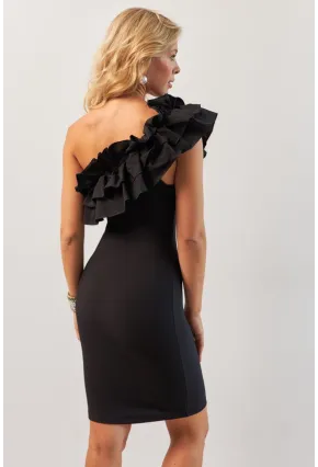 Kadın Siyah Volanlı Mini Elbise KED4294