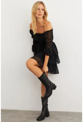 Kadın Siyah Volanlı Şifon Mini Elbise KSD2831