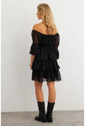 Kadın Siyah Volanlı Şifon Mini Elbise KSD2831