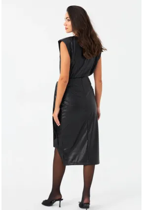 Kadın Siyah Yandan Bağlamalı Kruvaze Suni Deri Etek NH94