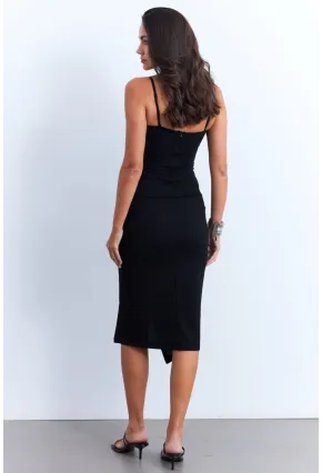 Kadın Siyah Yanı Yırtmaçlı Pedli Midi Elbise CY3022