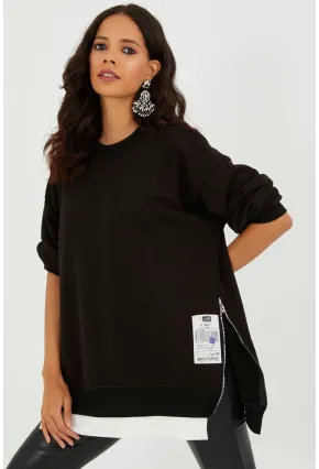 Kadın Siyah Yanları Fermuarlı Oversize Sweatshirt BK231095