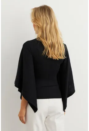 Kadın Siyah Yarasa Kol Balıkçı Bluz MTF32