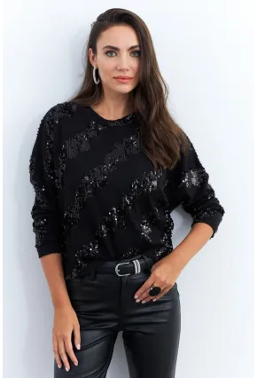Kadın Siyah Yarasa Kol Payetli Triko Bluz PP6435
