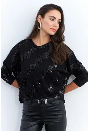 Kadın Siyah Yarasa Kol Payetli Triko Bluz PP6435