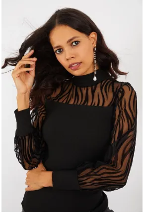 Kadın Siyah Yarım Balıkçı Üstü Tül Kaşkorse Bluz Yİ2401