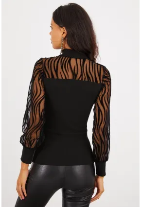 Kadın Siyah Yarım Balıkçı Üstü Tül Kaşkorse Bluz Yİ2401