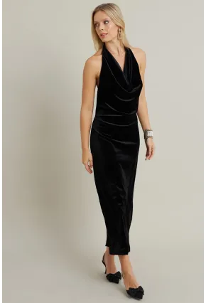 Kadın Siyah Yılbaşı Degaje Yaka Uzun Elbise GÇ197