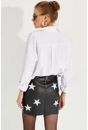 Kadın Siyah Yıldızlı Mini Suni Deri Etek NH76