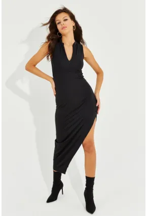 Kadın Siyah Yırrtmaçlı Fermuarlı Maxi Elbise YEL83