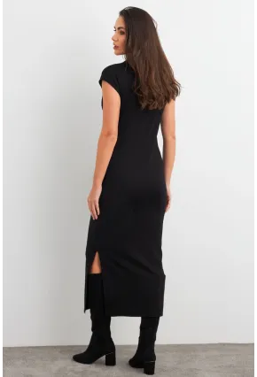Kadın Siyah Yırtmaçlı Basic Midi Elbise AYD408
