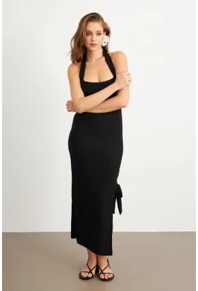 Kadın Siyah Yırtmaçlı Bürümcük Midi Elbise EY3098