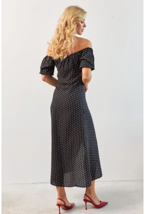 Kadın Siyah Yırtmaçlı Desenli Midi Elbise KED0243