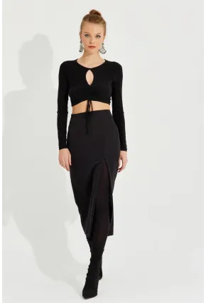 Kadın Siyah Yırtmaçlı Fermuarlı Midi Etek YEL221370