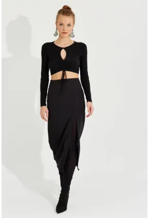 Kadın Siyah Yırtmaçlı Fermuarlı Midi Etek YEL221370