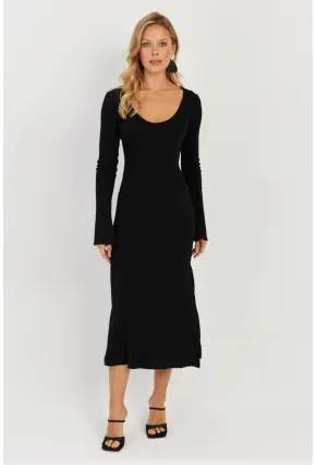 Kadın Siyah Yırtmaçlı Kaşkorse Midi Elbise EY2702