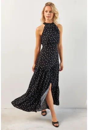 Kadın Siyah Yırtmaçlı Puantiyeli Midi Elbise KED4233