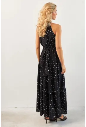 Kadın Siyah Yırtmaçlı Puantiyeli Midi Elbise KED4233