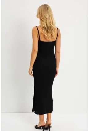 Kadın Siyah Yırtmaçlı Triko Midi Elbise KZ535